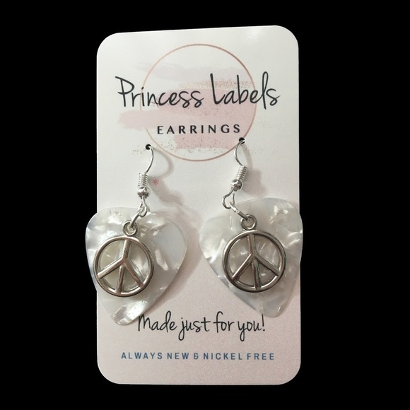 HAND Crafted Drop Earrings Repurposed Guitar Picks Peace Symbols Silver Plate - Picture 5 of 7
